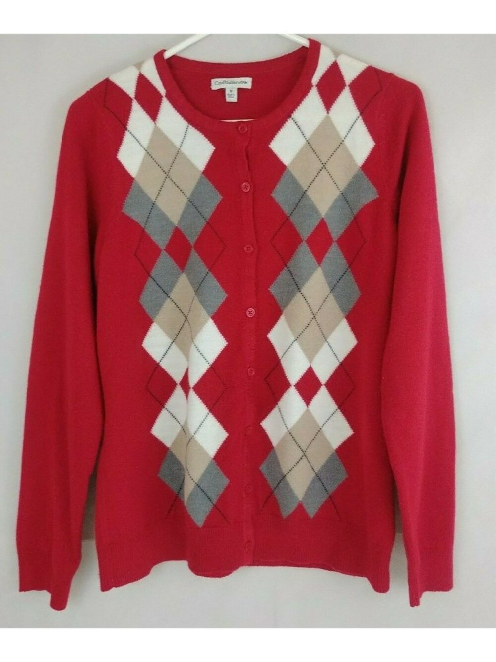 Croft & Barrow Women's Red Long Sleeve Cardigan Sweater Argyle Design Size M